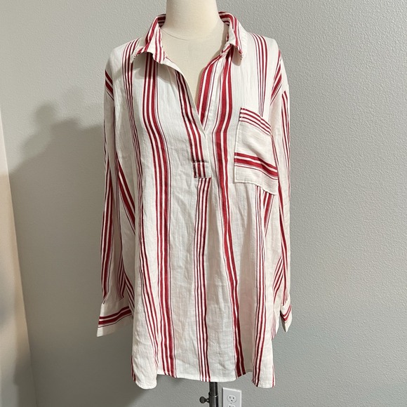 Liz Claiborne Womens Striped Button Down Shirt White & Red Cotton Rayon Sz Xl - Picture 6 of 8